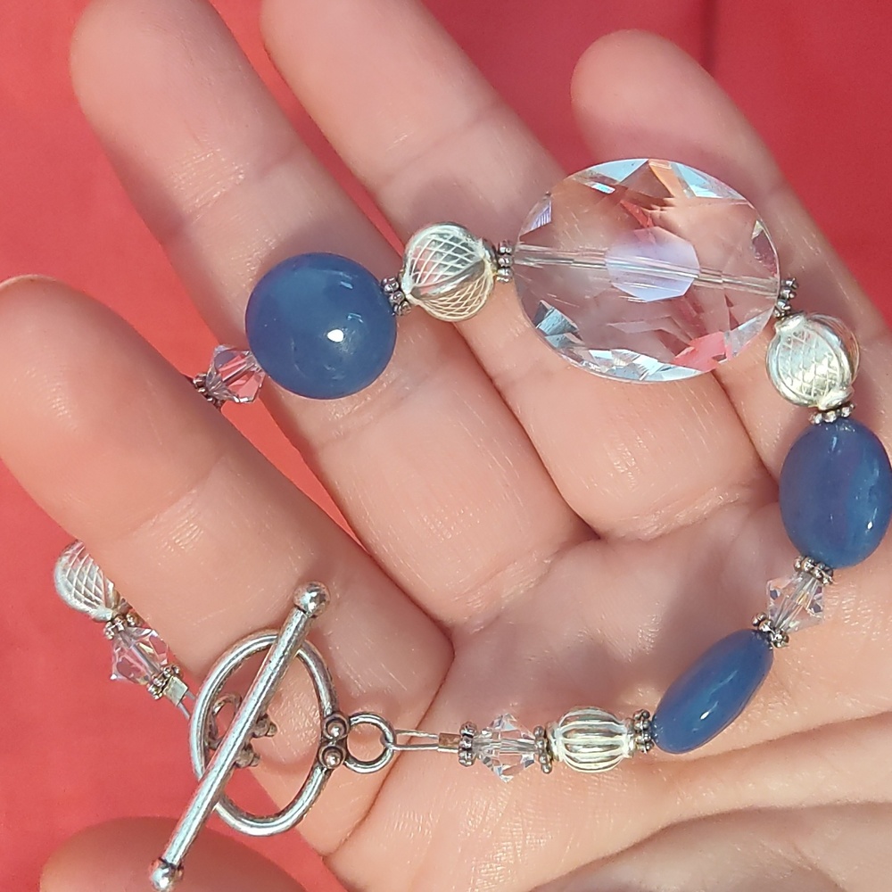 Bracelet/4 rainbow crystals/Blue stones/big glass bead/silver color spacers
